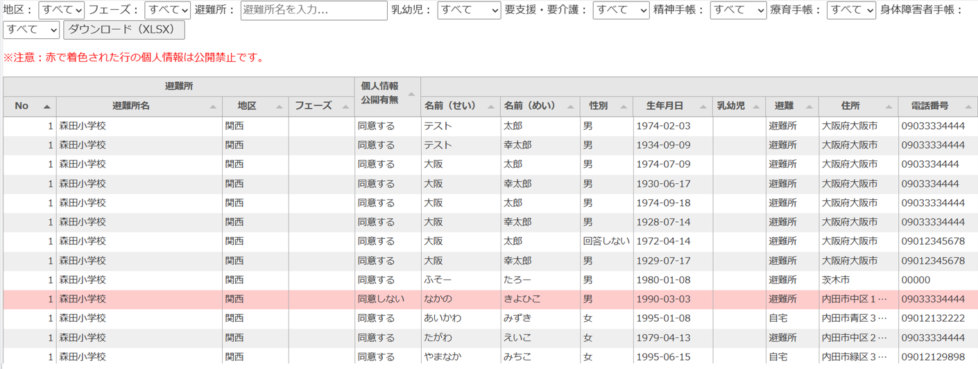 避難者情報一覧画面